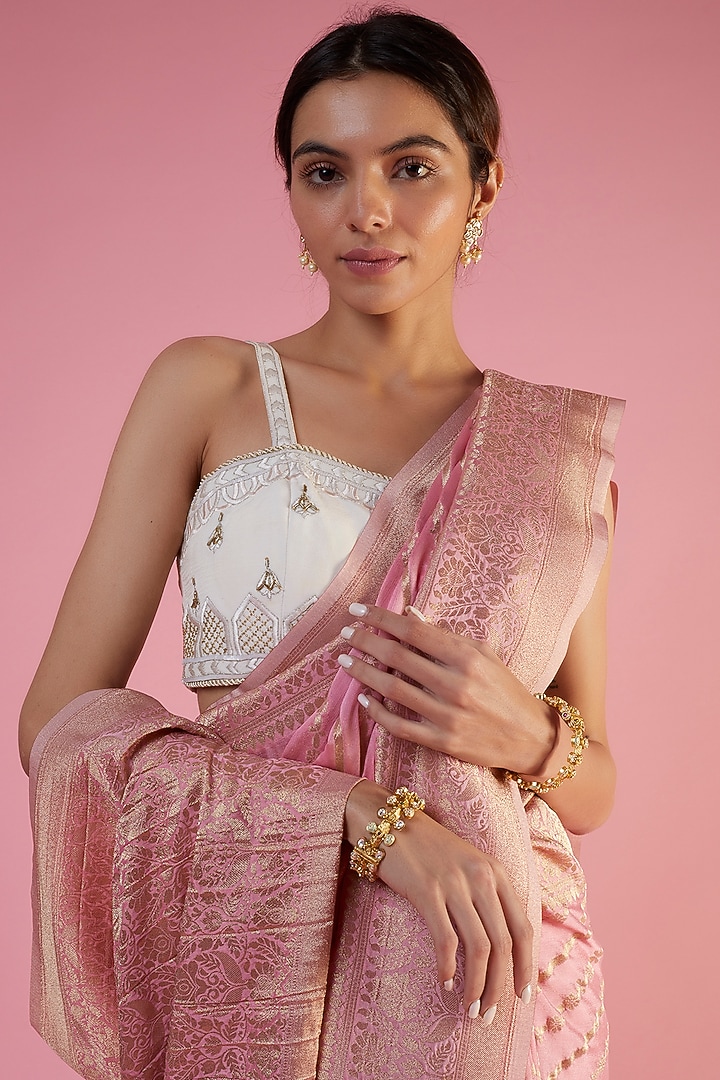 Pink Viscose Georgette Brocade Embroidered Party Wear Saree  by Binal Patel at Pernia's Pop Up Shop