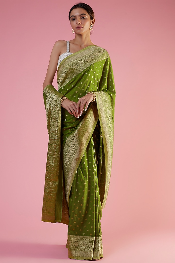 Mehendi Green Viscose Georgette Brocade Embroidered Party Wear Saree by Binal Patel at Pernia's Pop Up Shop