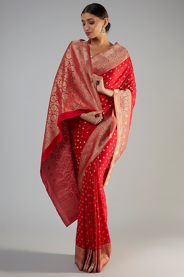 Red Viscose Georgette Brocade Zari Saree by Binal Patel