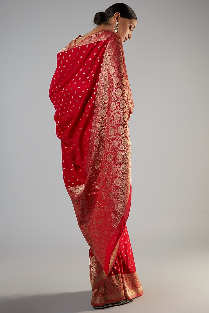 Red Viscose Georgette Brocade Zari Party Wear Saree by Binal Patel at Pernia's Pop Up Shop