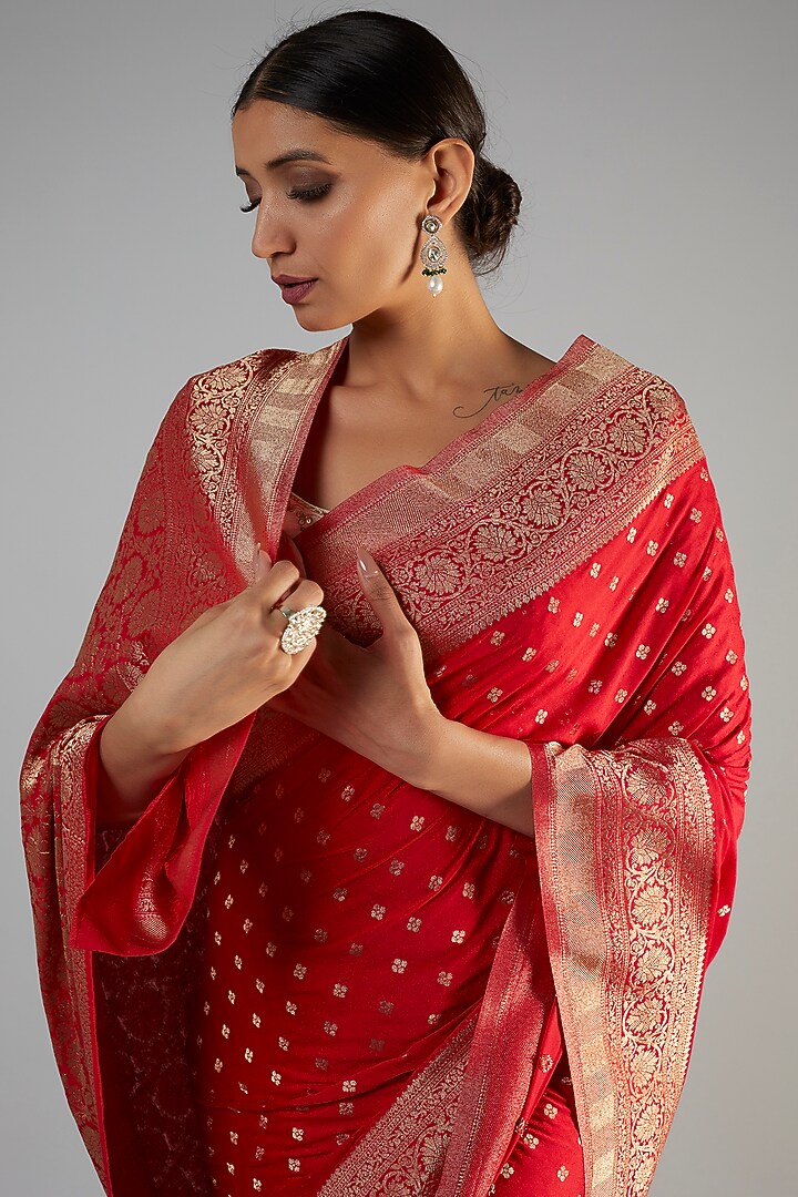 Red Viscose Georgette Brocade Zari Party Wear Saree by Binal Patel at Pernia's Pop Up Shop