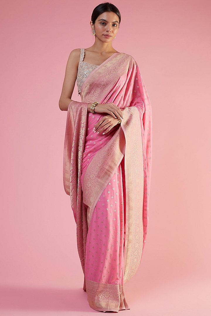 Pink Viscose Georgette Brocade Embroidered Saree by Binal Patel