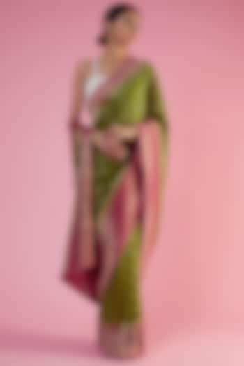 Mehendi Green & Pink Viscose Georgette Brocade Embroidered Saree by Binal Patel