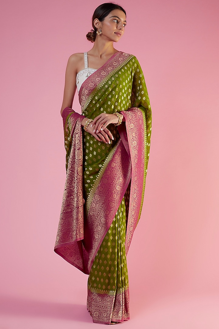 Mehendi Green & Pink Viscose Georgette Brocade Embroidered Party Wear Saree by Binal Patel at Pernia's Pop Up Shop