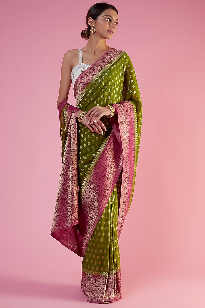 Mehendi Green & Pink Viscose Georgette Brocade Embroidered Saree by Binal Patel