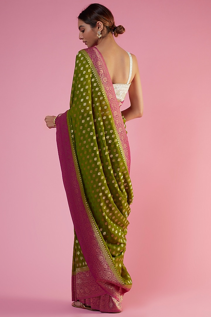 Mehendi Green & Pink Viscose Georgette Brocade Embroidered Party Wear Saree by Binal Patel at Pernia's Pop Up Shop