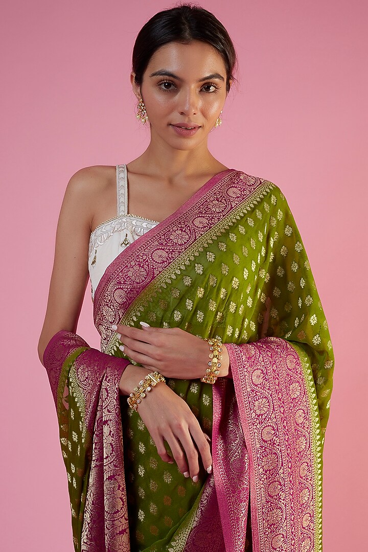 Mehendi Green & Pink Viscose Georgette Brocade Embroidered Party Wear Saree by Binal Patel at Pernia's Pop Up Shop