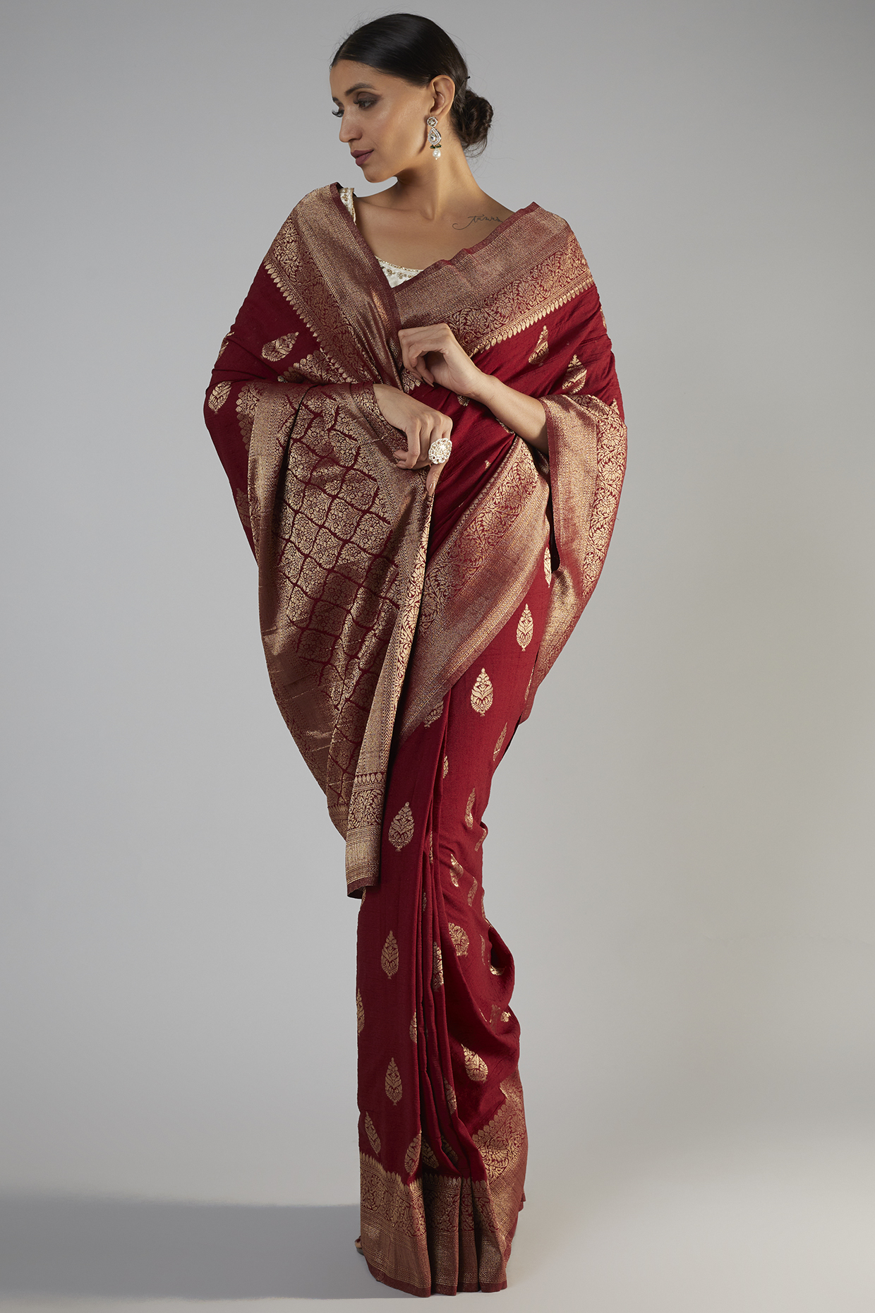 Maroon Banarasi Brocade Saree by Binal Patel