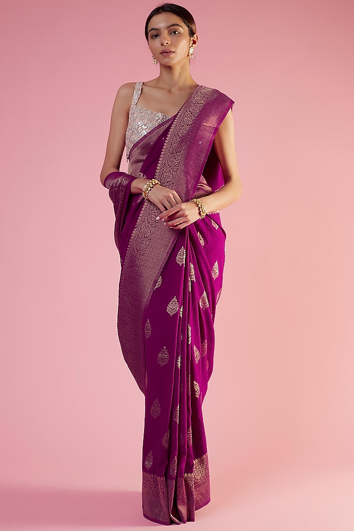 Purple Banarasi Brocade Embroidered Saree by Binal Patel