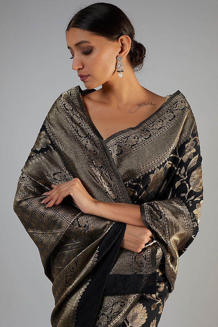 Black Banarasi Brocade Zari Party Wear Saree by Binal Patel at Pernia's Pop Up Shop
