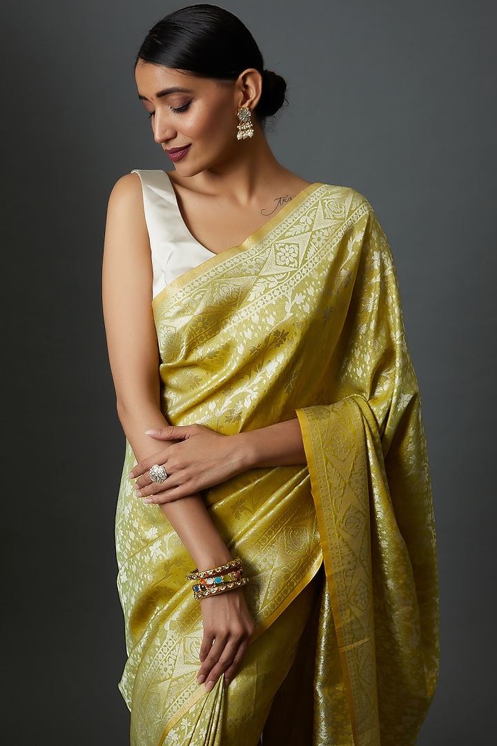 Yellow Brocade Embroidered Banarasi Party Wear Saree by Binal Patel at Pernia's Pop Up Shop