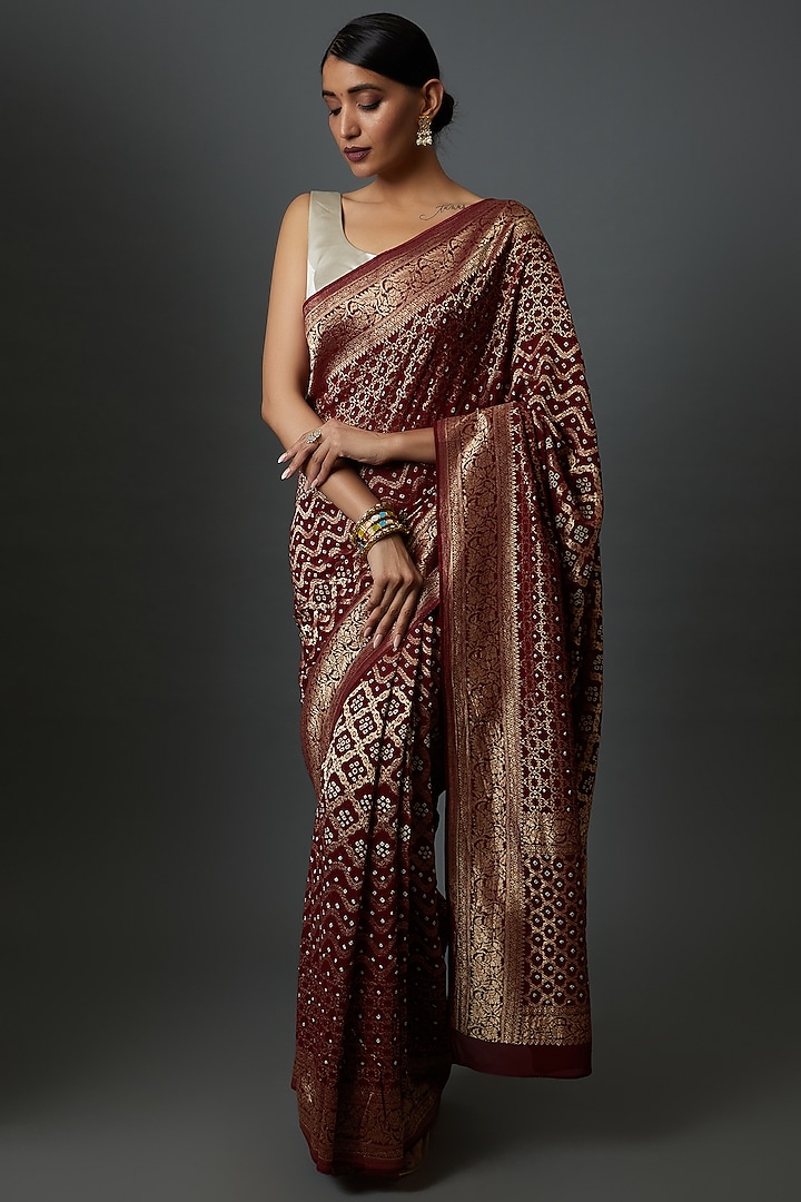 Maroon Georgette Printed & Embroidered Saree by Binal Patel at Pernia's Pop Up Shop