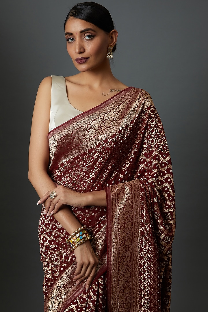 Maroon Georgette Printed & Embroidered Party Wear Saree by Binal Patel at Pernia's Pop Up Shop