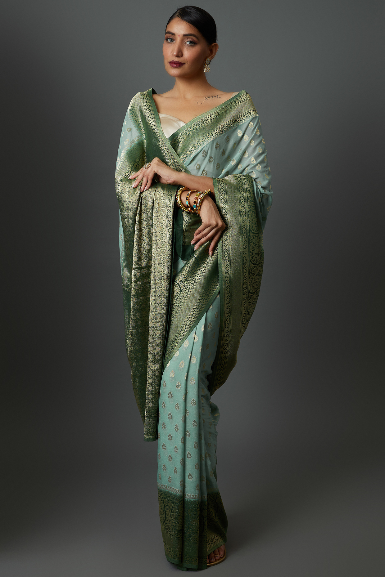 Green Georgette Embroidered Brocade Party Wear Saree by Binal Patel at Pernia's Pop Up Shop