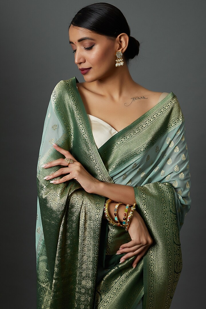 Green Georgette Embroidered Brocade Party Wear Saree by Binal Patel at Pernia's Pop Up Shop