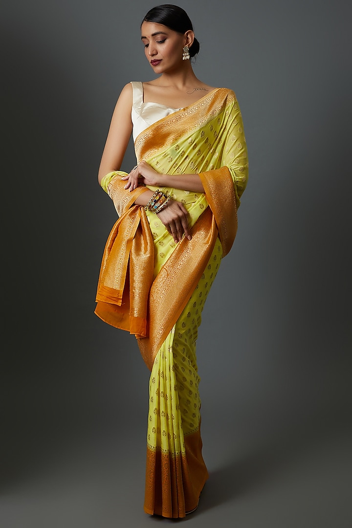 Yellow Georgette Brocade Zari Embroidered Saree by Binal Patel