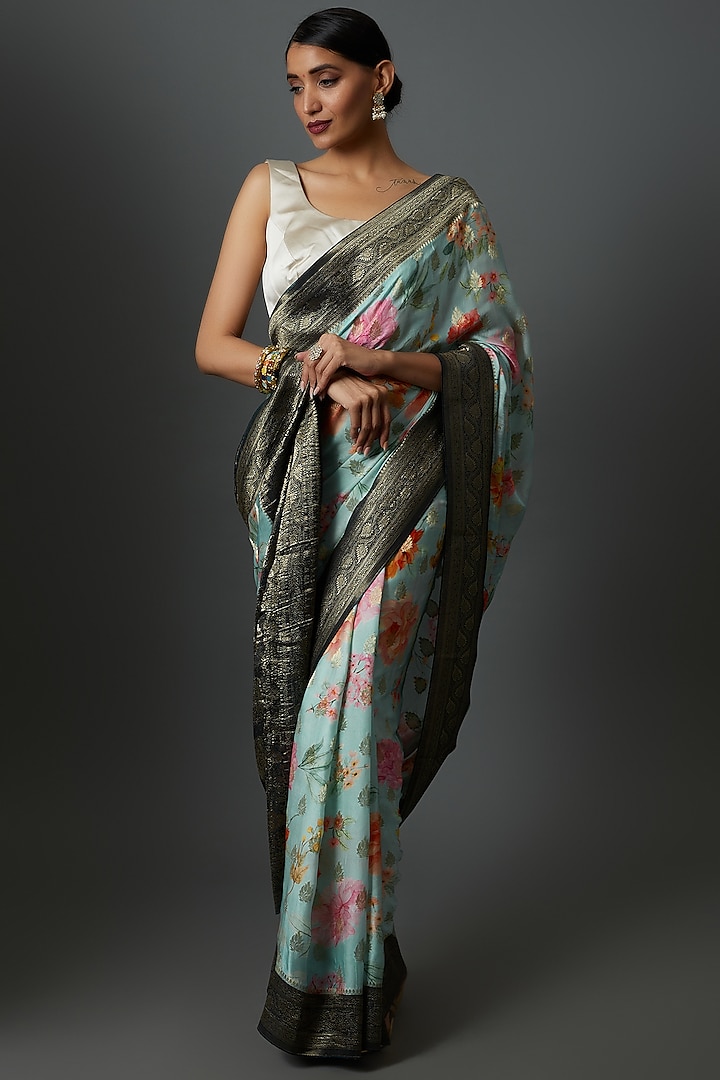 Multi-Colored Satin Printed & Embroidered Saree by Binal Patel