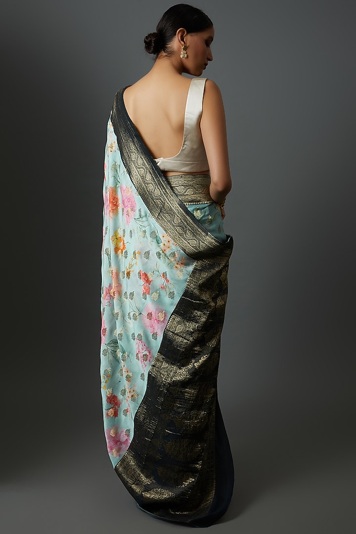 Multi-Colored Satin Printed & Embroidered Party Wear Saree by Binal Patel at Pernia's Pop Up Shop