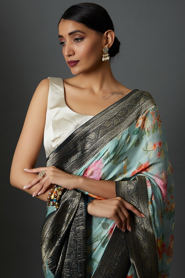 Multi-Colored Satin Printed & Embroidered Party Wear Saree by Binal Patel at Pernia's Pop Up Shop