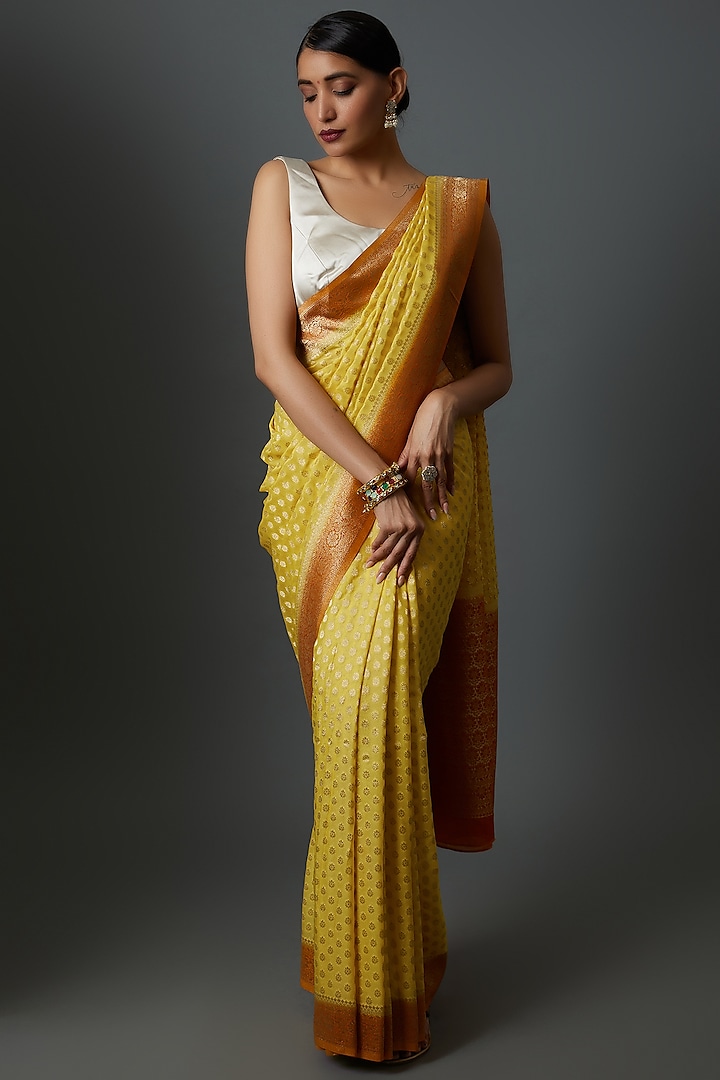 Yellow Georgette Brocade Embroidered Saree by Binal Patel