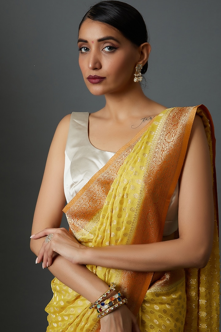 Yellow Georgette Brocade Embroidered Party Wear Saree by Binal Patel at Pernia's Pop Up Shop