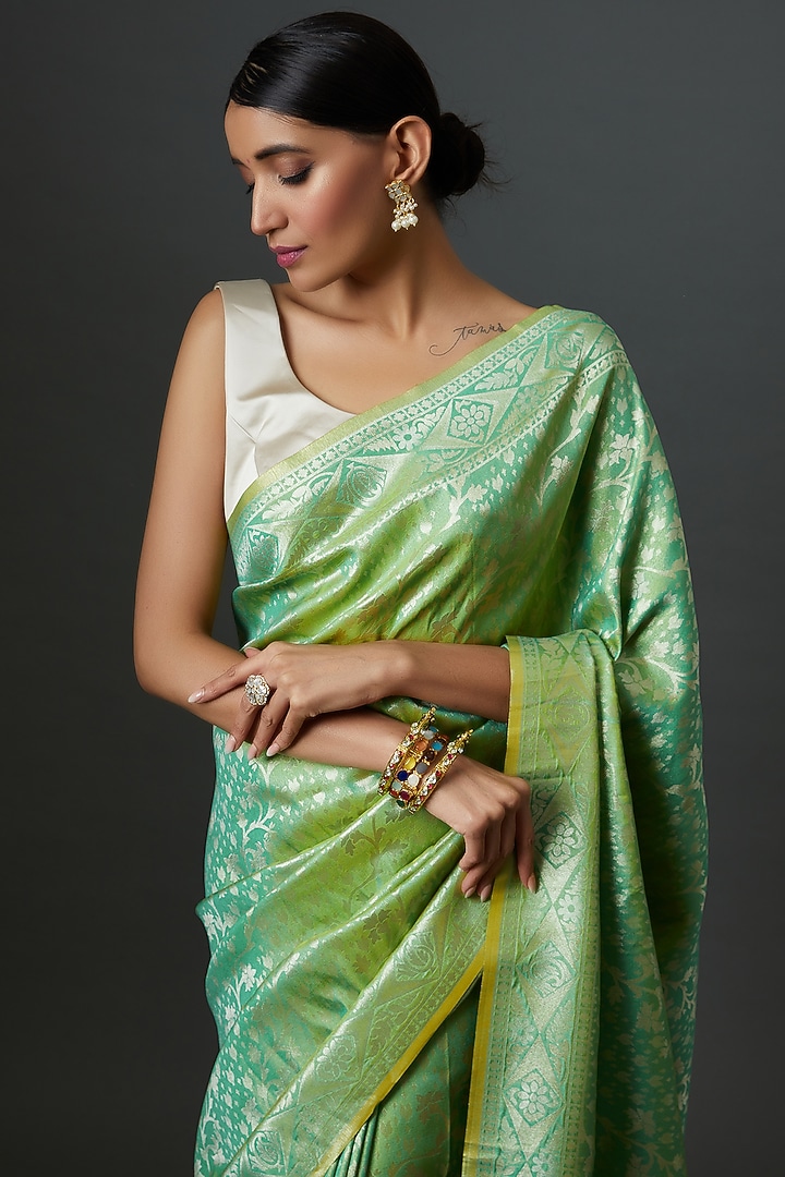 Green Brocade Embroidered Banarasi Party Wear Saree by Binal Patel at Pernia's Pop Up Shop