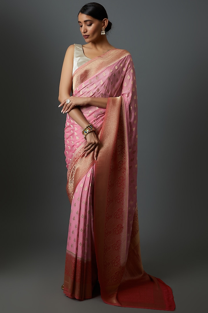 Pink Georgette Brocade Zari Embroidered Saree by Binal Patel
