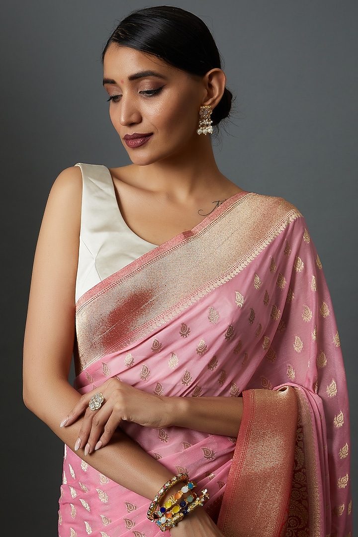 Pink Georgette Brocade Zari Embroidered Party Wear Saree by Binal Patel at Pernia's Pop Up Shop