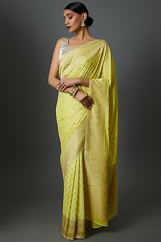 Yellow Satin Jacquard Embroidered Saree by Binal Patel