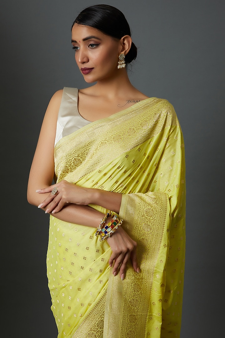 Yellow Satin Jacquard Embroidered Party Wear Saree by Binal Patel at Pernia's Pop Up Shop