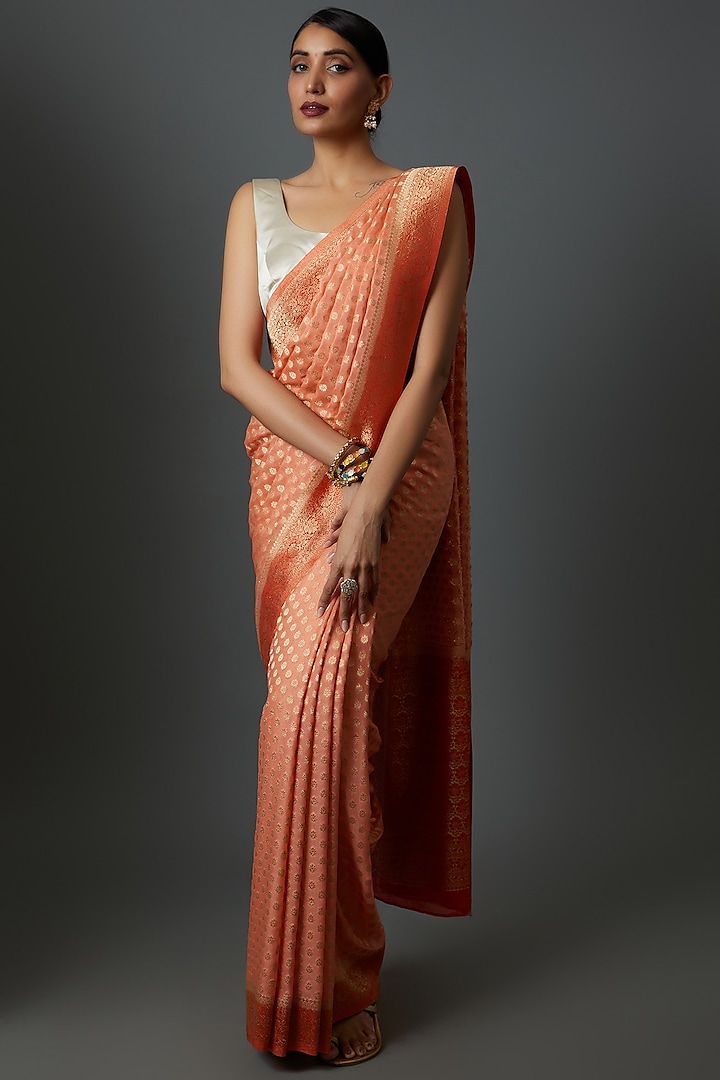 Orange Satin Jacquard Embroidered Saree by Binal Patel