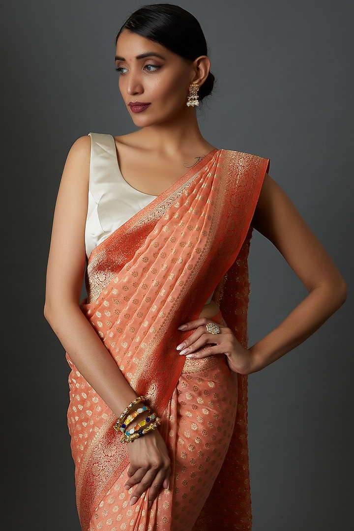 Orange Satin Jacquard Embroidered Party Wear Saree by Binal Patel at Pernia's Pop Up Shop
