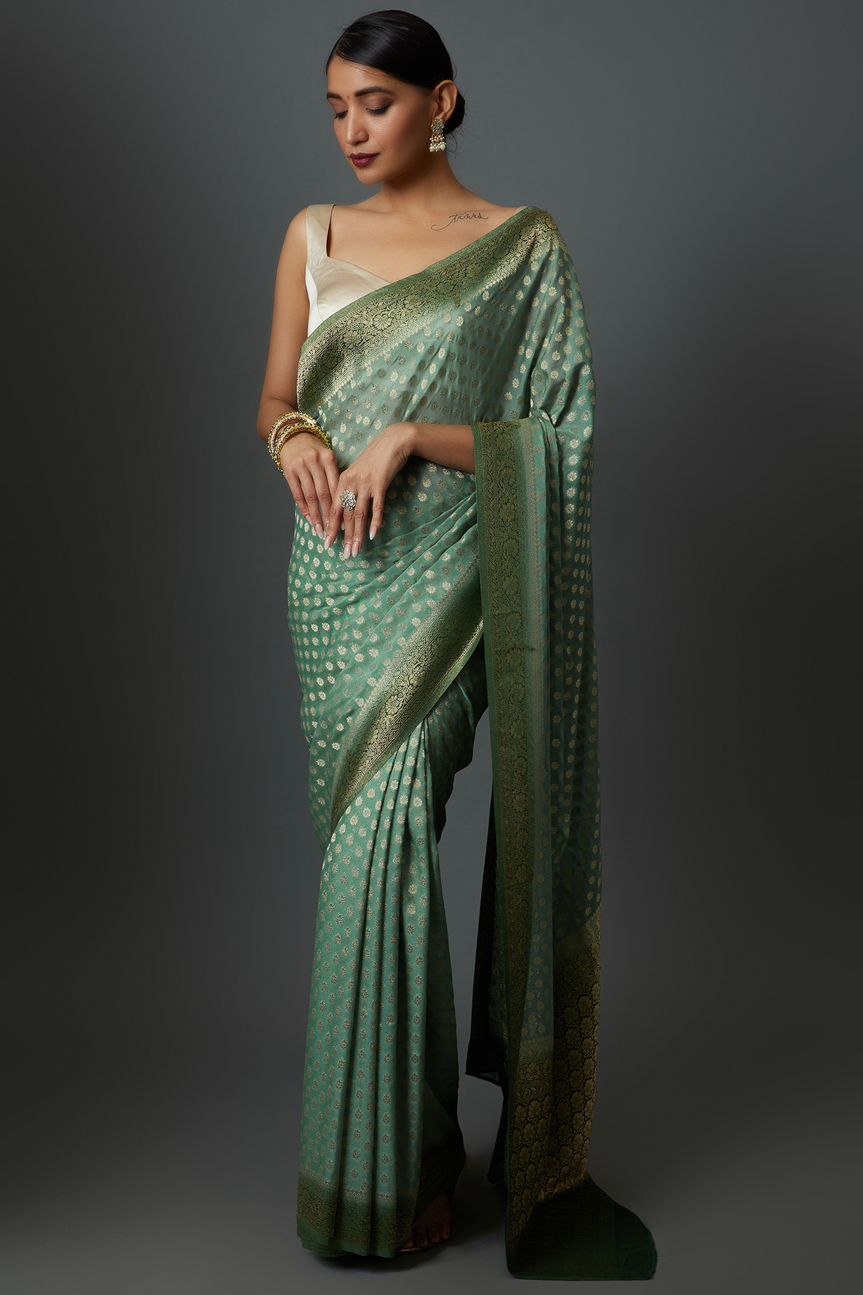 Green Satin Jacquard Embroidered Saree by Binal Patel