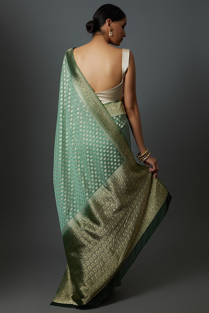 Green Satin Jacquard Embroidered Party Wear Saree by Binal Patel at Pernia's Pop Up Shop