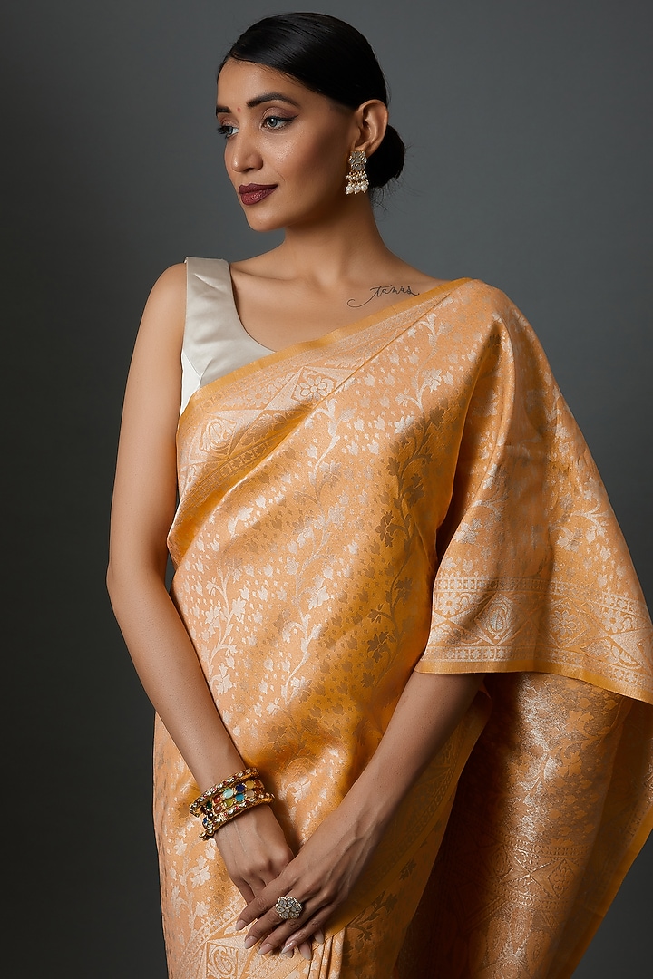 Orange Brocade Embroidered Banarasi Party Wear Saree by Binal Patel at Pernia's Pop Up Shop