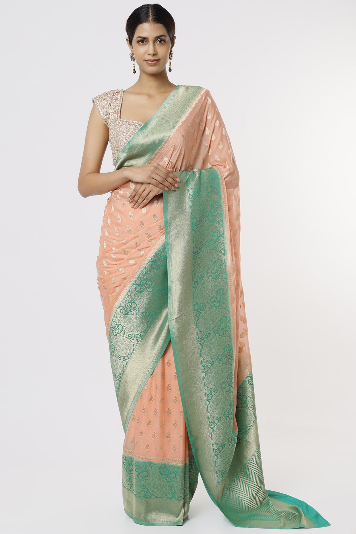 Peach & Green Georgette Saree by Binal Patel