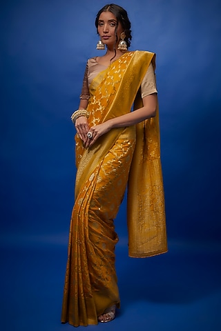 Mustard Yellow Brocade Banarasi Saree Set by Binal Patel