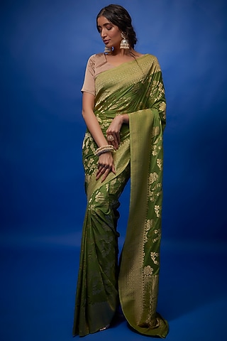 Mehendi Green Brocade Banarasi Saree Set by Binal Patel