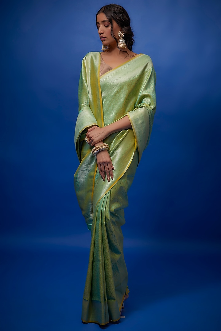 Parrot Green Brocade Banarasi Party Wear Saree Set by Binal Patel at Pernia's Pop Up Shop