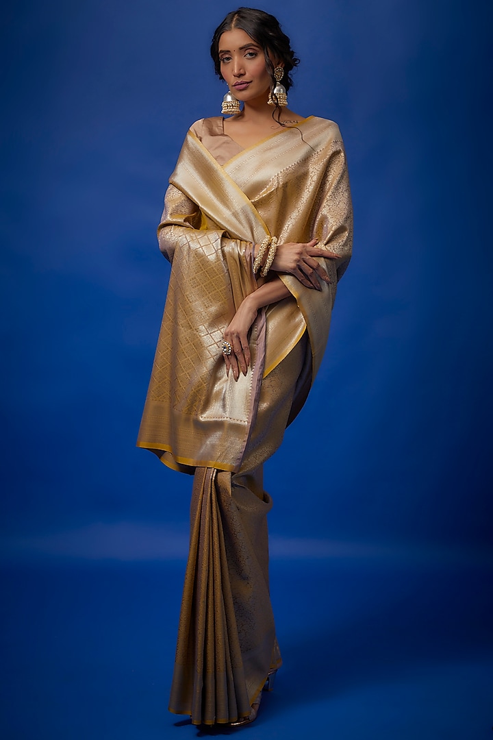 Light Mustard Brown Brocade Banarasi Saree Set by Binal Patel at Pernia's Pop Up Shop