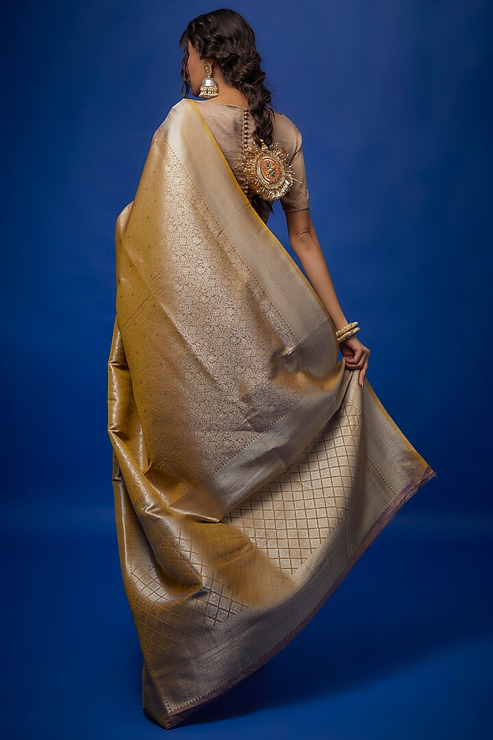 Light Mustard Brown Brocade Banarasi Party Wear Saree Set by Binal Patel at Pernia's Pop Up Shop