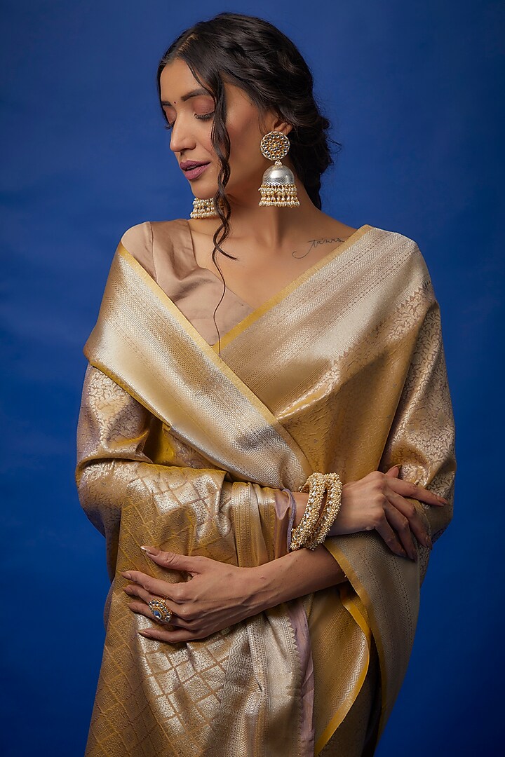 Light Mustard Brown Brocade Banarasi Party Wear Saree Set by Binal Patel at Pernia's Pop Up Shop