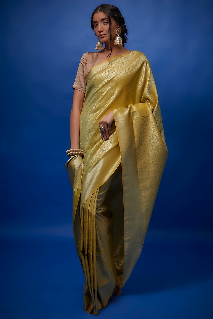 Greenish Yellow Brocade Banarasi Saree Set by Binal Patel at Pernia's Pop Up Shop