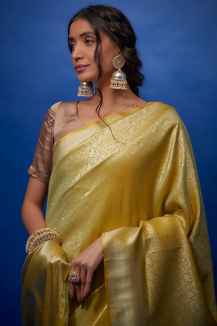 Greenish Yellow Brocade Banarasi Party Wear Saree Set by Binal Patel at Pernia's Pop Up Shop