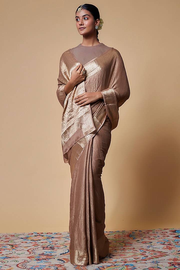 Brown Viscose Satin Crepe Saree by Binal Patel at Pernia's Pop Up Shop