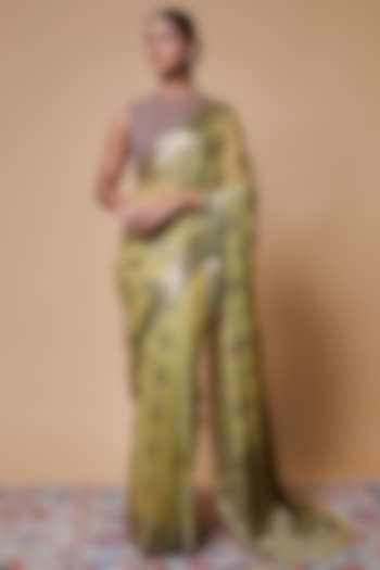 Olive Green Viscose Chiffon Saree by Binal Patel at Pernia's Pop Up Shop