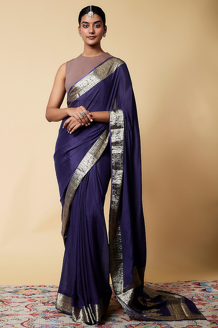 Navy Blue Viscose Chiffon Saree by Binal Patel at Pernia's Pop Up Shop