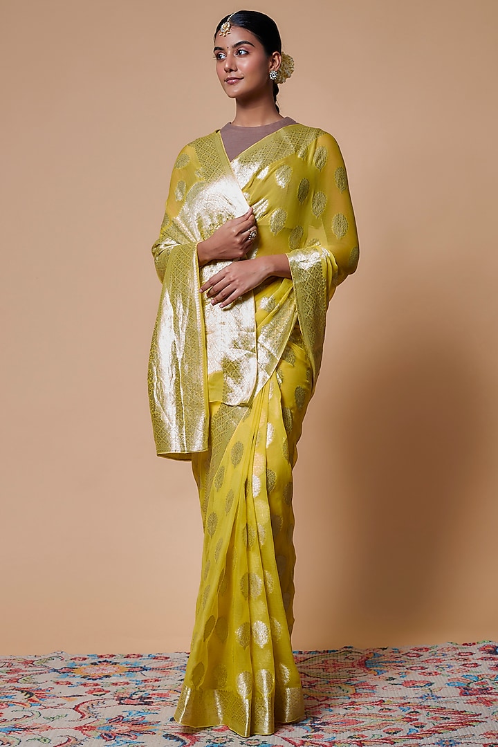 Yellow Viscose Chiffon Saree by Binal Patel