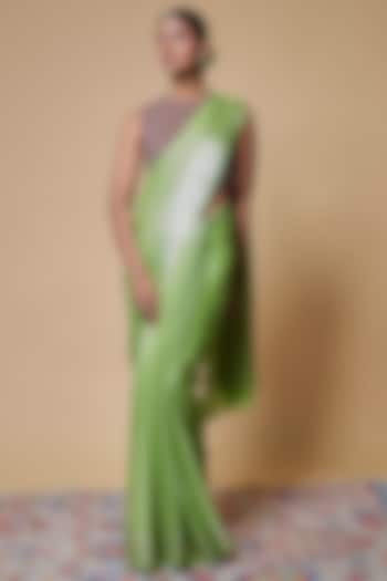 Green Viscose Satin Crepe Saree by Binal Patel at Pernia's Pop Up Shop