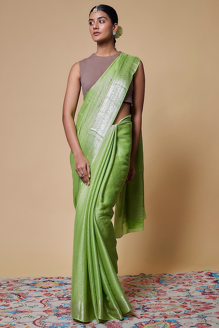 Green Viscose Satin Crepe Saree by Binal Patel at Pernia's Pop Up Shop